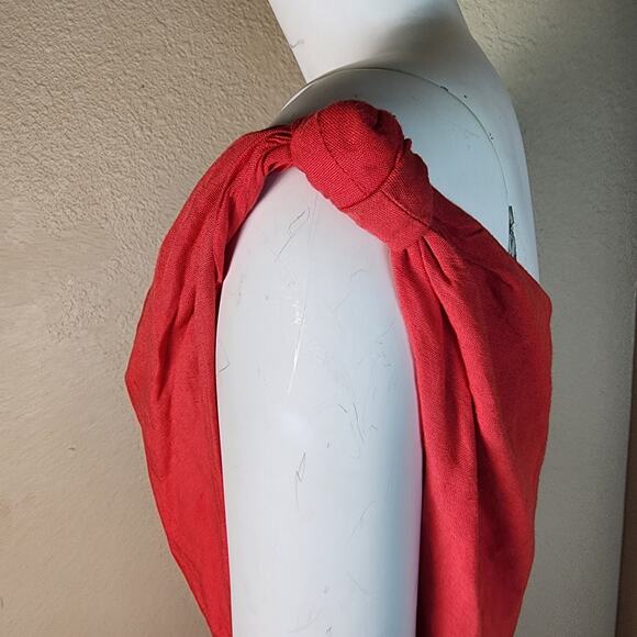 by Anthropologie Red Linen Blend Midi Length Dress Asymmetrical Neckline, S - Picture 6 of 8